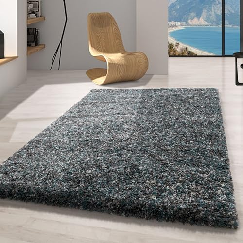 Carpetsale24 Hochflor Teppich 200x290 cm Blau – Großer Shaggy Teppich, Flauschig & Pflegeleicht, Meliertes Design, Jute-Rücken – Für Wohnzimmer & Schlafzimmer von Carpetsale24