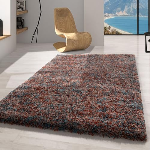 Carpetsale24 Teppich Wohnzimmer Shaggy Flokati Terrakotta - Blau - Beige 240 x 340 cm Meliert Design - Moderne Hochflor Teppich Schlafzimmer Extra Weich Pflegeleicht - Flauschiger Teppich Langflor von Carpetsale24