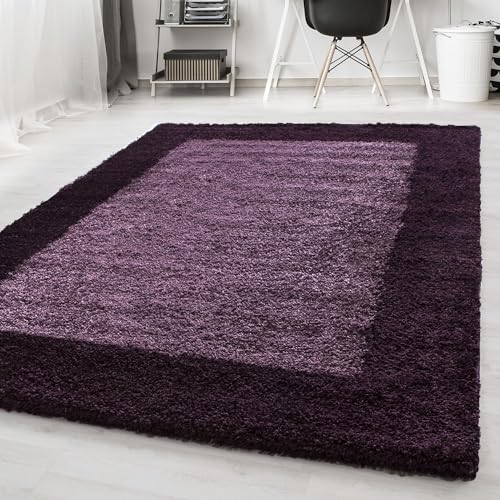 Carpetsale24 Teppich Wohnzimmer Shaggy Moderne 2 Farbig Violett und Lila 120 x 170 cm - Hochflor Teppich Schlafzimmer Bordüre Muster Extra Weich und Pflegeleicht - Langflor Teppich Flauschig von Carpetsale24