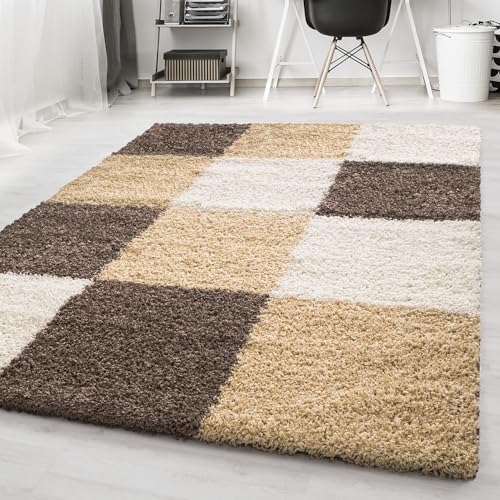 Carpetsale24 Teppich Wohnzimmer Shaggy Moderne 3 Farbig Braun - Beige - Creme 200 x 290 cm - Hochflor Teppich Schlafzimmer Karo Muster Extra Weich und Pflegeleicht - Langflor Teppich Flauschig von Carpetsale24