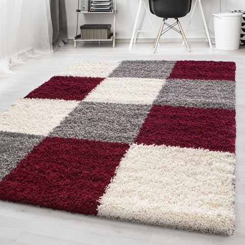 Carpetsale24 Teppich Wohnzimmer Shaggy Moderne 3 Farbig Rot - Grau - Weiß 160 x 230 cm - Hochflor Teppich Schlafzimmer Karo Muster Extra Weich und Pflegeleicht - Langflor Teppich Flauschig von Carpetsale24