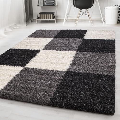 Carpetsale24 Teppich Wohnzimmer Shaggy Moderne 3 Farbig Schwarz - Grau - Weiß 80 x 250 cm - Hochflor Teppich Schlafzimmer Karo Muster Extra Weich und Pflegeleicht - Langflor Teppich Flauschig Läufer von Carpetsale24