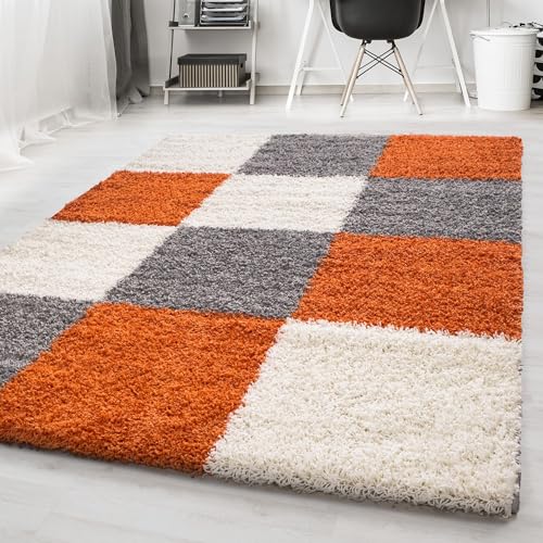 Carpetsale24 Hochflor Teppich Shaggy kariert 80x150 cm Orange, weich & flauschig, modernes Karo Design, rechteckig, ideal für Flur oder Kinderzimmer, stilvoll & gemütlich von Carpetsale24