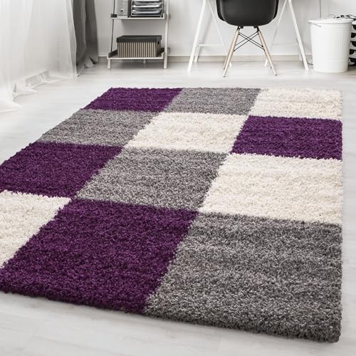 Carpetsale24 Teppich Wohnzimmer Shaggy Moderne 3 Farbig Violett - Grau - Weiß 120 x 170 cm - Hochflor Teppich Schlafzimmer Karo Muster Extra Weich und Pflegeleicht - Langflor Teppich Flauschig von Carpetsale24