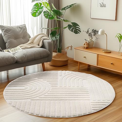 Carpetsale24 Teppich Rund 80 cm Creme, Hochflor Wohnzimmer Teppich, Weich & Flauschig, Skandinavisch Boho Stil, Langflor Shaggy, Pflegeleicht, Jute Rückseite von Carpetsale24