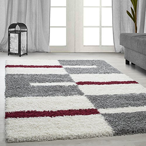 Carpetsale24 Hochflor Teppich 280 x 370 cm Rot-Grau – Weicher Shaggy Flokati im Karierten Design – XXL Wohnteppich für großzügige Räume wie Wohnzimmer, Schlafzimmer oder Essbereich – Modern von Carpetsale24