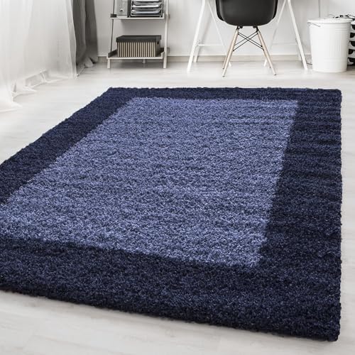 Carpetsale24 Teppich Wohnzimmer Shaggy Moderne 2 Farbig Marineblau und Blau 200 x 290 cm - Hochflor Teppich Schlafzimmer Bordüre Muster Extra Weich und Pflegeleicht - Langflor Teppich Flauschig von Carpetsale24