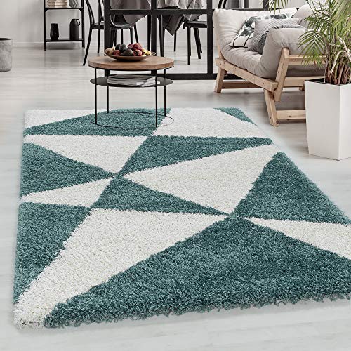 Designer Hochflor Teppich, Modern Geometrisch Design Shaggy Teppich weiche Langflor Teppich, Rechteckig, Pflegeleicht, Wohnzimmerteppich, Größe:120 x 170 cm, Farbe:Blau von Carpetsale24