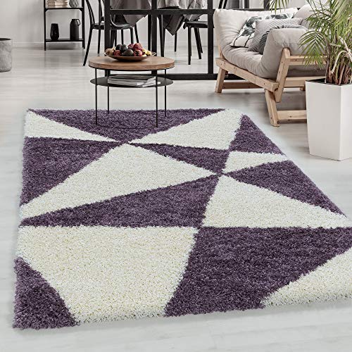 Designer Hochflor Teppich, Modern Geometrisch Design Shaggy Teppich weiche Langflor Teppich, Rechteckig, Pflegeleicht, Wohnzimmerteppich, Größe:280 x 370 cm, Farbe:Lila von Carpetsale24