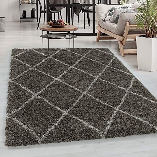 Designer Hochflor Teppich, Skandinavischer Stil Rauten Muster, Shaggy Teppich, Flauschiger Langflor Teppich, Rechteckig, Wohnzimmer Teppich, Größe: 140 x 200 cm, Farbe: Taupe von Carpetsale24