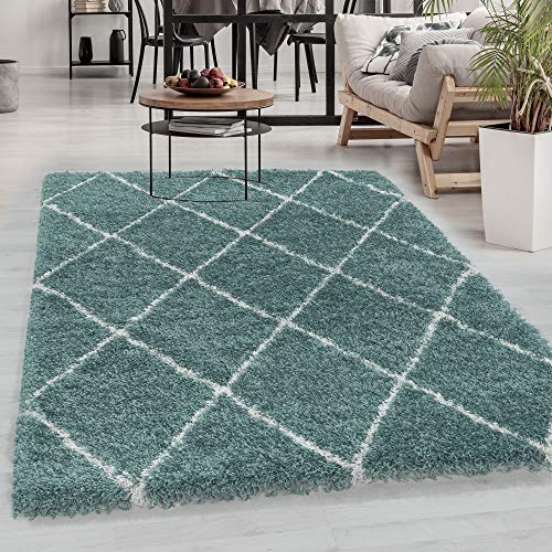 Designer Hochflor Teppich, Skandinavischer Stil Rauten Muster, Shaggy Teppich, Flauschiger Langflor Teppich, Rechteckig, Wohnzimmer Teppich, Größe: 240 x 340 cm, Farbe: Blau von Carpetsale24