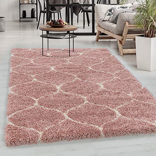 Designer Hochflor Teppich Modern, Skandinavische Design, Flauschiger Langflor Shaggy Teppich, Rechteckig, Pflegeleicht, Wohnzimmerteppich, Größe:120 x 170 cm,Farbe:Rosa-Creme von Carpetsale24