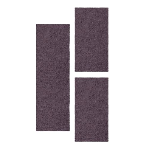 Einfarbige Hochflor-Bettumrandung Läufer Set, 3-Teilig, Fußbodenheizung Geeignet, Flauschig Weich, 30 mm Polypropylen, Jute Rücken Farbe: Violett von Carpetsale24