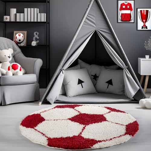 Carpetsale24 Hochflor Kinderteppich Bälle Fußball Form Rot und Weiß 100 cm Rund - Runder Teppich Kinderzimmer Langflor Babyteppich Spielteppich für Junge und Mädchen Extra Weich und Antiallergen von Carpetsale24