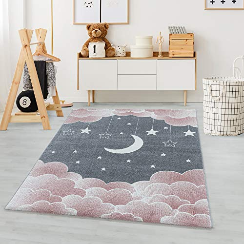 Carpetsale24 Kinderteppich Mond- und Sterne Design Pastellfarben Pink und Grau 120 x 170 cm - Kurzflor Teppich Kinderzimmer Spielteppich Babyteppich für Junge und Mädchen Extra Weich und Antiallergen von Carpetsale24