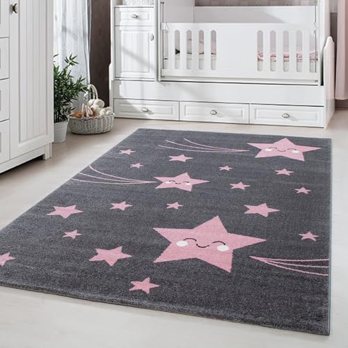 Carpetsale24 Kinderteppich süßes Stern Muster Grau und Pink 120 cm Rund - Kurzflor Teppich Kinderzimmer für Jungen und Mädchen Weich Pflegeleicht - Waschbar Spielteppich Babyzimmer Babyteppich Runder von Carpetsale24