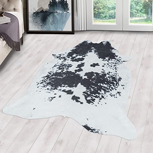 Kuhfell Teppich Kunstfell Waschbar, Fellimitat Rinderfell Digitaldruck, Sonderform, Schwarz - Weiß Farbe, Flachgewebe, Kaminteppich, Größe:100 x 135 cm von Carpetsale24