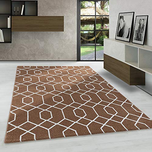 Modern Designer Kurzflor Teppich, Skandinavisch Rauten Design, Rechteckig, Kupferfarbe - Weiß Farbe, Pflegeleicht, Wohnzimmerteppich, Größe:140 x 200 cm von Carpetsale24