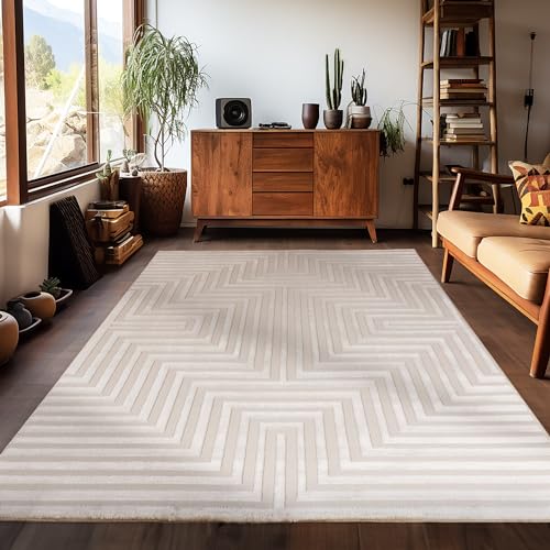 Teppich Läufer Kurzflor Küchenteppich 80 x 150 cm Läufer Flur Teppich Beige Moderne Geometrisch Design - Waschbarer Küchenläufer Extra Weich und Flauschig 3d Teppich - Bettvorleger Schlafzimmer von Carpetsale24