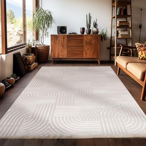 Carpetsale24, Kurzflor Teppich Wohnzimmer 140 x 200 cm, Skandinavischer Boho Teppich Einfarbig Beige, 3D-Effekt, Extra Weich und Waschbar, Deko Teppich für Schlafzimmer, Esszimmer und Küche von Carpetsale24