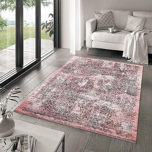 Teppich Wohnzimmer Kurzflor Vintage Optik Boho Flur Teppich 80 x 250 cm Läufer Rosa - Küchenläufer Kurzflor Flauschig Extra Weich Kücheneppich Waschbar in Waschmaschine für Schlafzimmer Esszimmer von Carpetsale24