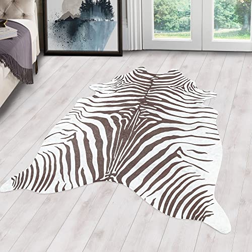 Tigerfell Teppich Kunstfell Waschbar, Fellimitat Tigerfell Digitaldruck, Sonderform, Braun - Weiß Farbe, Flachgewebe, Kaminteppich, Größe:100 x 135 cm von Carpetsale24