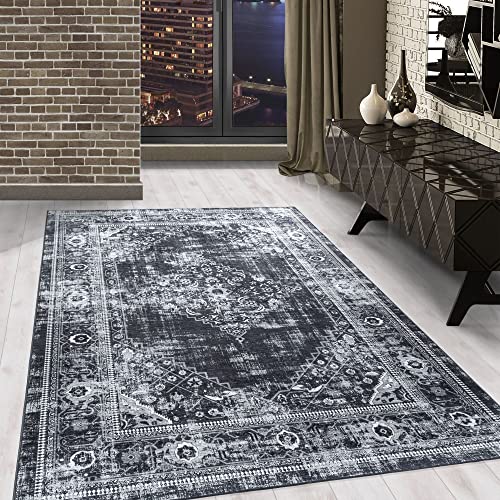 Waschbarer Teppich, Didigitaldruck Orientteppiche, Rechteckig, Schwarz - Grau - Weiß Farbe, Flachgewebe, Fußbodenheizung geeignet, Größe:120 x 170 cm von Carpetsale24