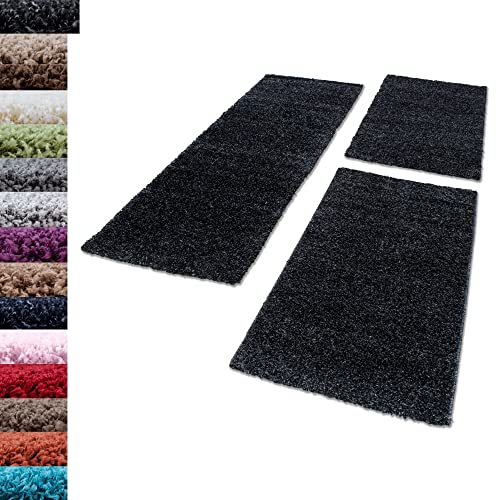 Carpettex Bettumrandung Schlafzimmer 3teilig Shaggy Teppich Hochflor Einfarbig Anthrazit Bettset:2 mal 80x250 + 1 mal 100x200 - Bettvorleger Schlafzimmer Läuferset Flauschiger Bettumrandung Teppich von Carpettex Teppich