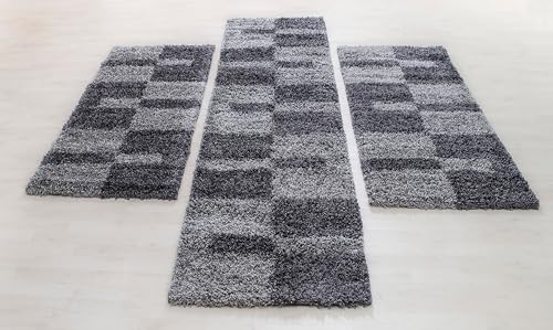 Carpettex Bettumrandung Schlafzimmer 3teilig Shaggy Teppich Hochflor Kariert Design Grau Bettset:2 mal 80x150 + 1 mal 80x250 - Bettvorleger Schlafzimmer Läufer Set Flauschiger Bettumrandung Teppich von Carpettex Teppich
