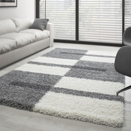 Carpettex Hochflor Teppich Wohnzimmer Shaggy Flokati - Modern Kariert Design 100 x 200 cm Flur Läufer Hellgrau - Bettvorleger Schlafzimmer Weich Flauschig Waschbar Küchenläufer von Carpettex Teppich