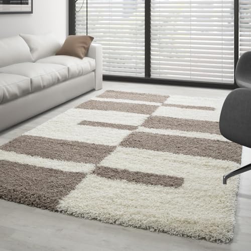 Carpettex Hochflor Teppich Wohnzimmer Shaggy Flokati - Modern Kariert Design 80 x 250 cm Flur Läufer Beige - Bettvorleger Schlafzimmer Weich Flauschig Waschbar Küchenläufer von Carpettex Teppich
