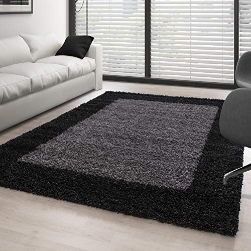 Carpettex Hochflor Teppich Wohnzimmer Shaggy Flokati Teppich Modern Bordüre Design 120 x 170 cm Anthrazit - Teppich Schlafzimmer Weich Flauschig Waschbar Teppich Küche Esszimmer - Langflor Teppiche von Carpettex Teppich