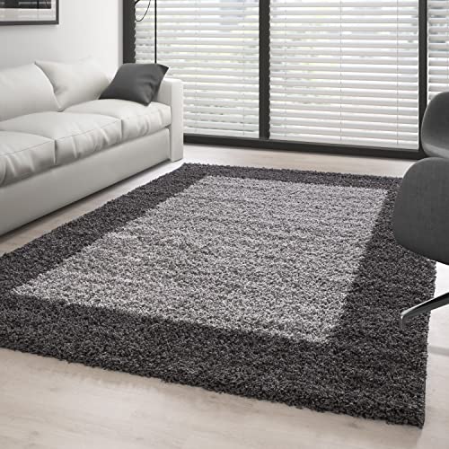 Carpettex Hochflor Teppich Wohnzimmer Shaggy Flokati Teppich Modern Bordüre Design 120 x 170 cm Grau - Teppich Schlafzimmer Weich Flauschig Waschbar Teppich Küche Esszimmer - Langflor Teppiche von Carpettex Teppich