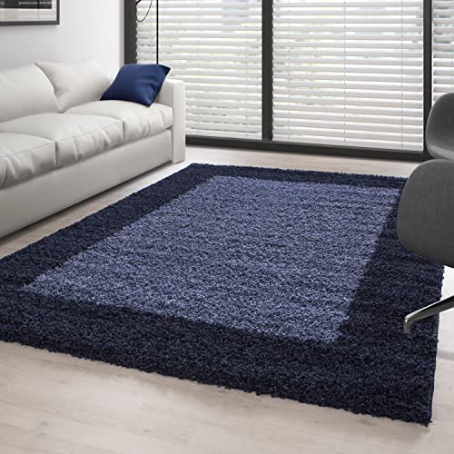 Carpettex Hochflor Teppich Wohnzimmer Shaggy Flokati Teppich Modern Bordüre Design 120 x 170 cm Marineblau - Teppich Schlafzimmer Weich Flauschig Waschbar Teppich Küche Esszimmer - Langflor Teppiche von Carpettex Teppich