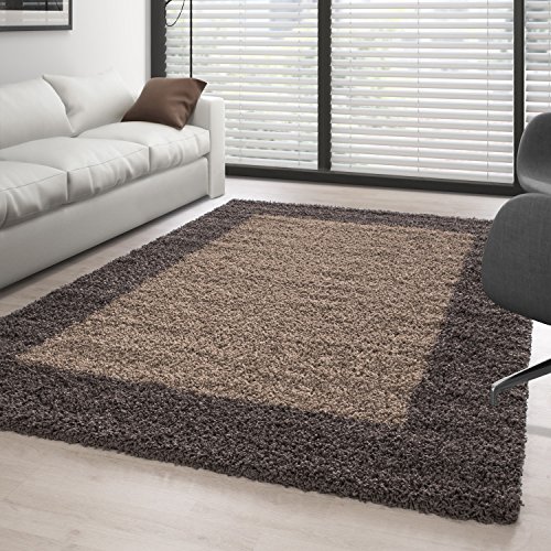 Carpettex Hochflor Teppich Wohnzimmer Shaggy Flokati Teppich Modern Bordüre Design 120 x 170 cm Taupe - Teppich Schlafzimmer Weich Flauschig Waschbar Teppich Küche Esszimmer - Langflor Teppiche von Carpettex Teppich