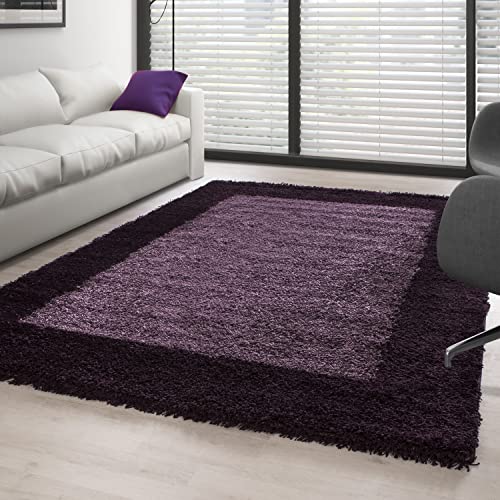 Carpettex Hochflor Teppich Wohnzimmer Shaggy Flokati Teppich Modern Bordüre Design 120 x 170 cm Violett - Teppich Schlafzimmer Weich Flauschig Waschbar Teppich Küche Esszimmer - Langflor Teppiche von Carpettex Teppich