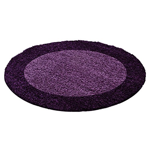 Carpettex Hochflor Teppich Wohnzimmer Shaggy Flokati Teppich Modern Bordüre Design 160 cm Rund Violett - Teppich Schlafzimmer Weich Flauschig Waschbar Teppich Küche Esszimmer - Langflor Teppiche von Carpettex Teppich