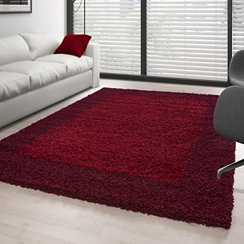 Carpettex Hochflor Teppich Wohnzimmer Shaggy Flokati Teppich Modern Bordüre Design 80 x 150 cm Flur Teppich Läufer Rot - Teppich Bettvorleger Schlafzimmer Weich Flauschig Waschbar Küchenläufer von Carpettex Teppich