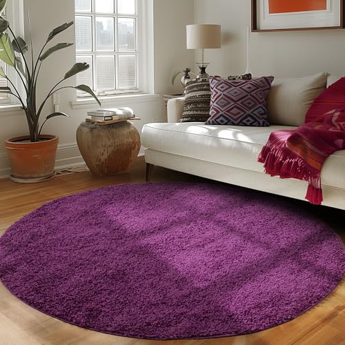 Carpettex Hochflor Teppich Wohnzimmer 160 cm Rund Violett - Flauschiger Teppich Extra Weich und Pflegeleicht - Shaggy Teppich Modern Einfarbig Design - Teppich für Schlafzimmer, Esszimmer und Küche von Carpettex Teppich