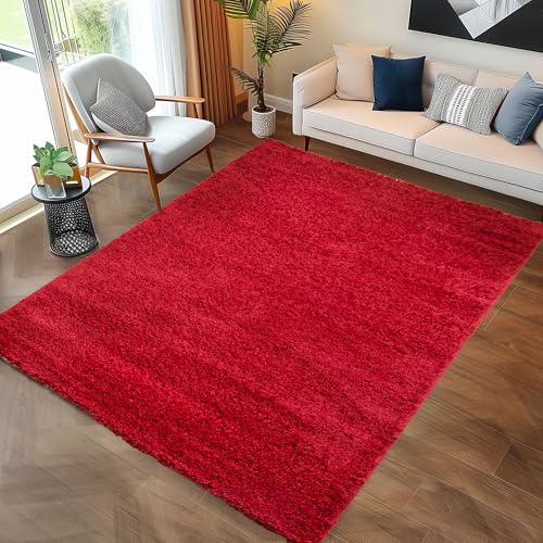 Carpettex Hochflor Teppich Wohnzimmer Shaggy Flokati Teppich Modern Einfarbig 200 x 290 cm Flur Teppich Läufer Rot - Teppich Bettvorleger Schlafzimmer Weich Flauschig Waschbar Küchenläufer von Carpettex Teppich