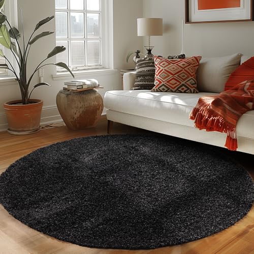 Carpettex Shaggy-Teppich, Hochflor, Wohnzimmer, Florhöhe 3 cm, einfarbig, Anthrazit, 80 x 80 cm, rund von Carpettex Teppich
