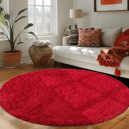 Carpettex Shaggy-Teppich, Hochflor, Wohnzimmer, Florhöhe 3 cm, einfarbig, Rot, 80 x 80 cm, rund von Carpettex Teppich
