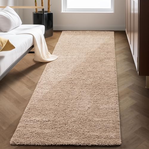 Carpettex Hochflor Teppich Wohnzimmer Shaggy Flokati Teppich Modern Einfarbig 80 x 250 cm Flur Teppich Läufer Beige - Teppich Bettvorleger Schlafzimmer Weich Flauschig Waschbar Küchenläufer von Carpettex Teppich