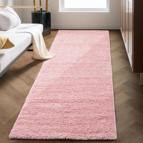 Carpettex Hochflor Teppich Wohnzimmer Shaggy Flokati Teppich Modern Einfarbig 80 x 250 cm Flur Teppich Läufer Rosa-1 - Teppich Bettvorleger Schlafzimmer Weich Flauschig Waschbar Küchenläufer von Carpettex Teppich