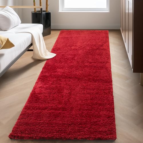 Carpettex Shaggy-Teppich, Hochflor, Wohnzimmer, Florhöhe 3 cm, einfarbig, Rot, 80 x 250 cm von Carpettex Teppich