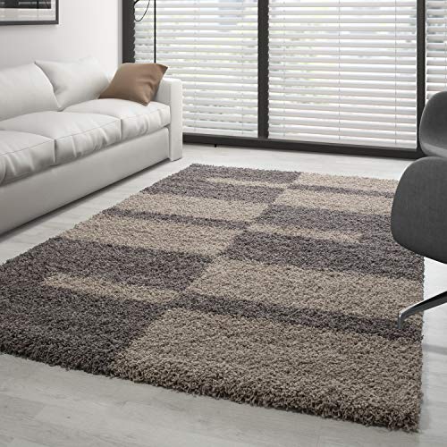 Carpettex Hochflor Teppich Wohnzimmer Shaggy Flokati Teppich Modern Kariert Design 100 x 200 cm Flur Teppich Läufer Taupe - Teppich Bettvorleger Schlafzimmer Weich Flauschig Waschbar Küchenläufer von Carpettex Teppich