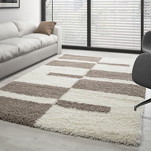 Carpettex Hochflor Teppich Wohnzimmer Shaggy Flokati Teppich Modern Kariert Design 120 x 170 cm Beige - Teppich Schlafzimmer Weich Flauschig Waschbar Teppich Küche Esszimmer - Langflor Teppiche von Carpettex Teppich