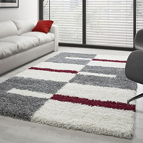 Carpettex Hochflor Teppich Wohnzimmer Shaggy Flokati Teppich Modern Kariert Design 120 x 170 cm Rot - Teppich Schlafzimmer Weich Flauschig Waschbar Teppich Küche Esszimmer - Langflor Teppiche von Carpettex Teppich