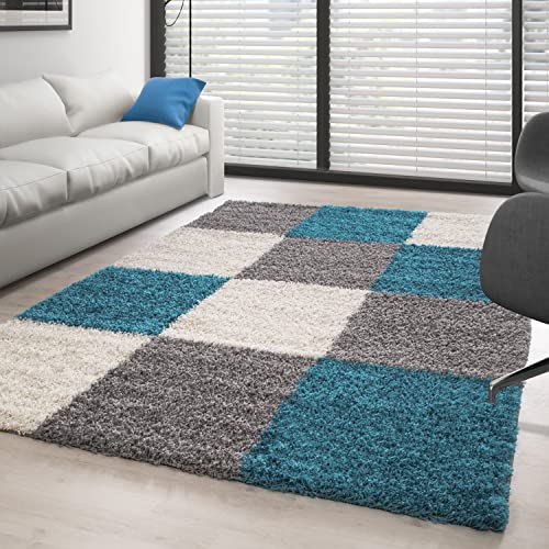 Carpettex Hochflor Teppich Wohnzimmer Shaggy Flokati Teppich Modern Kariert Design 120 x 170 cm Türkis - Teppich Schlafzimmer Weich Flauschig Waschbar Teppich Küche Esszimmer - Langflor Teppiche von Carpettex Teppich