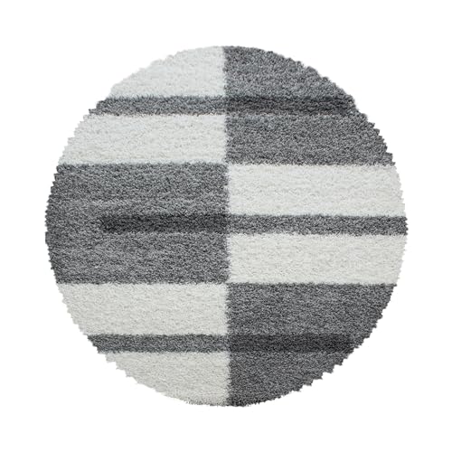 Carpettex Hochflor Teppich - Wohnzimmer Shaggy Flokati Modern Kariert Design 160 cm Rund Hellgrau - Schlafzimmer Weich Flauschig Waschbar - Küche Esszimmer Langflor von Carpettex Teppich